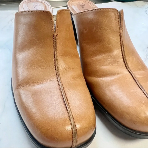 Clarks Chunky Platform Leather Slip On Casual Mule Brown Block Heel Women Size 8 - Picture 6 of 14